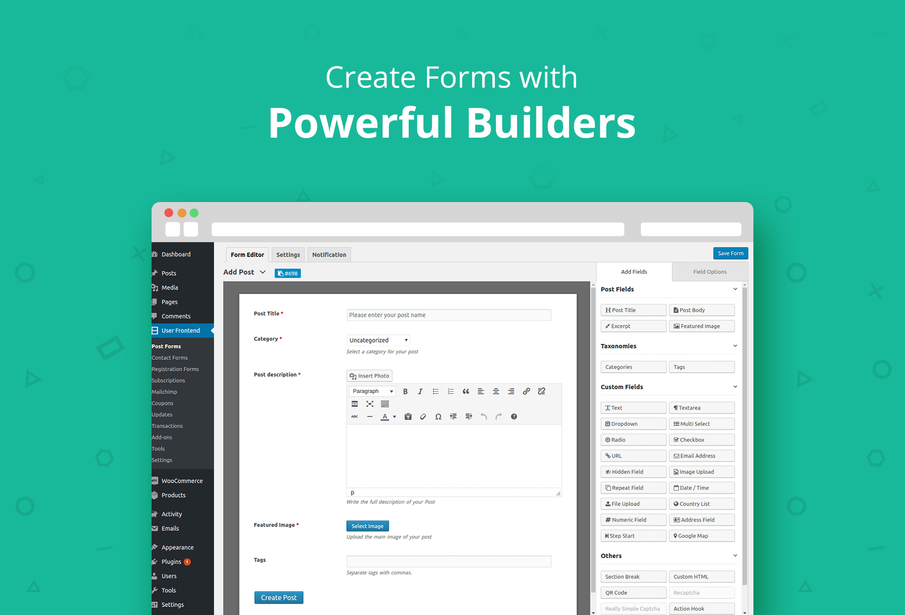 User frontend. Frontend user profile WOOCOMMERCE. Creative forms. Power Builder load. Frontend UI.